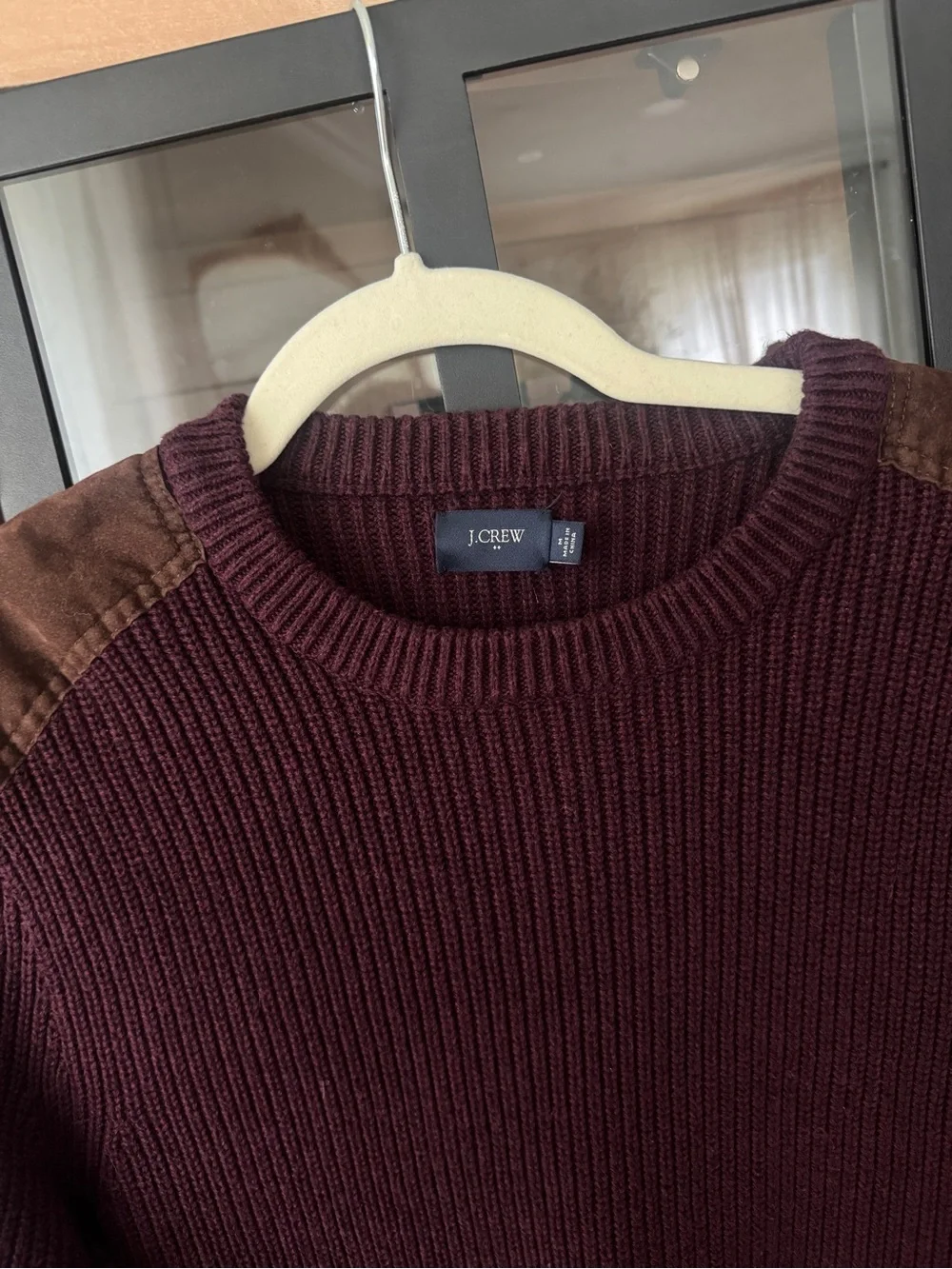 J. Crew maroon sweater suede shoulder patches burgundy cotton ribbed knit